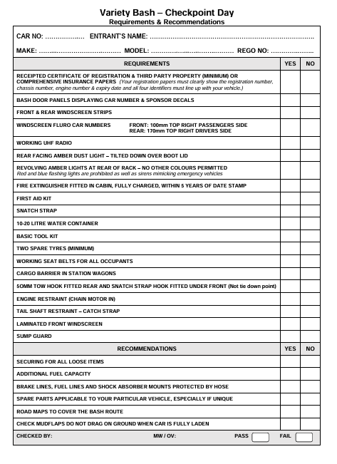 Variety Bash - Checkpoint Vehicle Check List