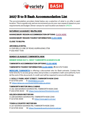 2027 B to B Bash Accommodation List