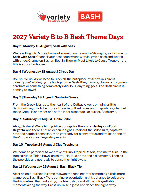 2027 B to B Bash Theme Days