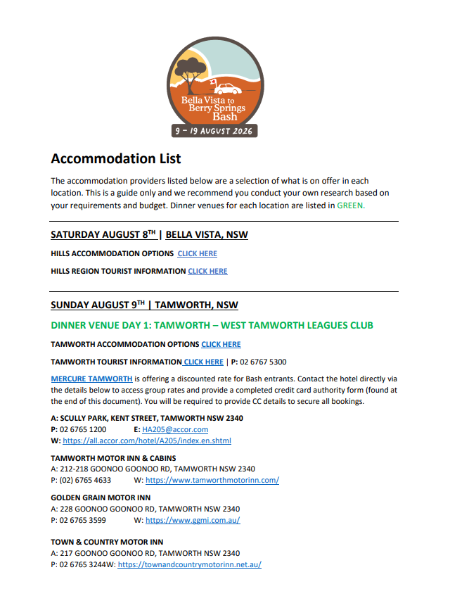 2026 B to B Bash Accommodation List